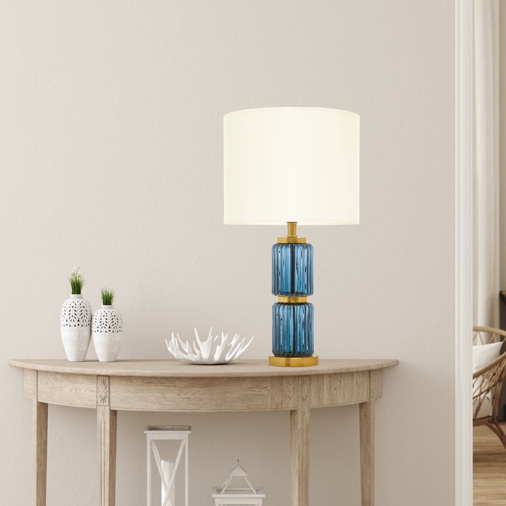 Garrison River of Goods Blue Glass Cylinder Base Bohemian 19.5-Inch Table Lamp with White Fabric Shade