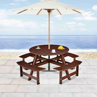 8-Person Outdoor Round Picnic Table Set with 4 Built-in Benches & Umbrella Hole