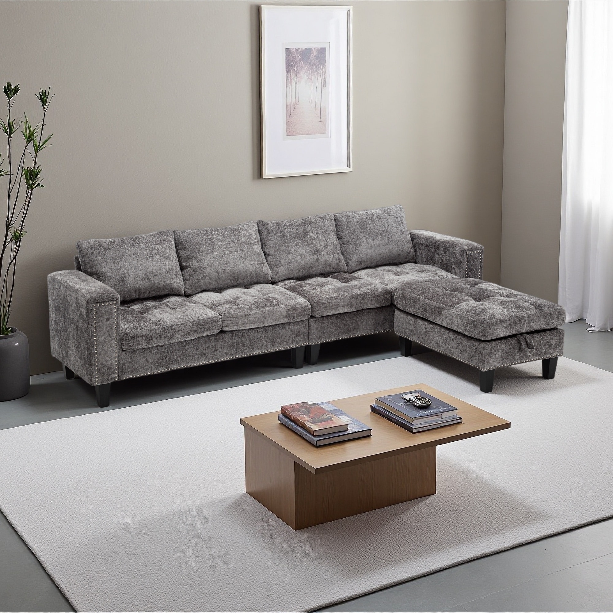 104.5" Chenille L-Shaped 5-Seater Modular Sectional Sofa with Storage Ottoman & Reversible Chaise
