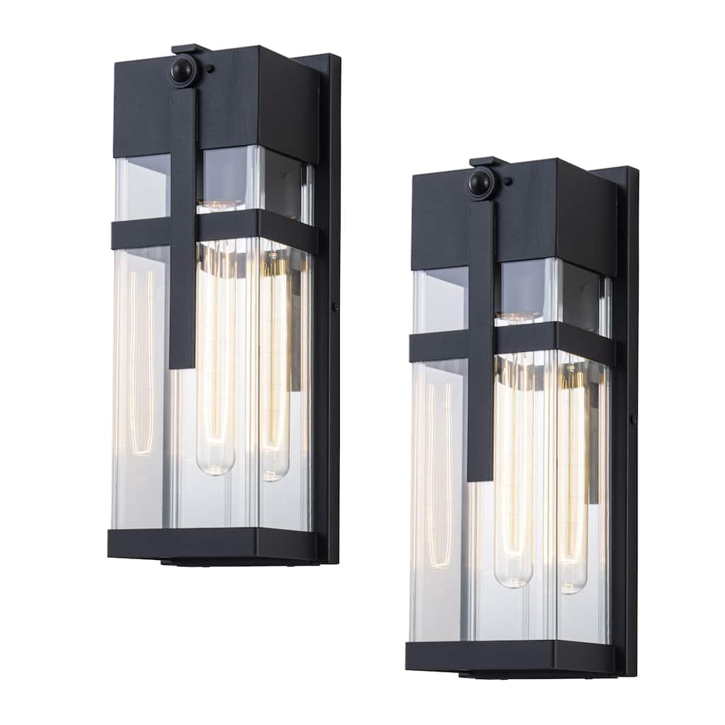 C Cattleya 2-Pack 14.5inch Matte Black Motion Sensor Outdoor Wall Lanterns with Clear Tempered Glass
