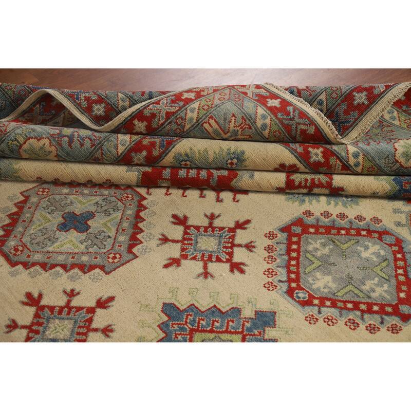 Hand Knotted Oriental 100% Wool Carpet Traditional Geometric Beige & Ivories Kazak Area Rug - 11' 11'' X 8' 10''