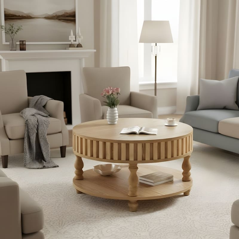 Farmhouse Fluted Coffee Table with Storage and Flip-Top Lids