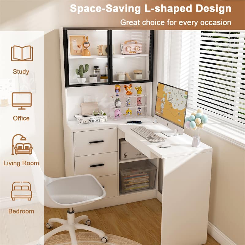 Corner L-Shaped Computer Desk with Built-In LED Lights & USB Charging Ports