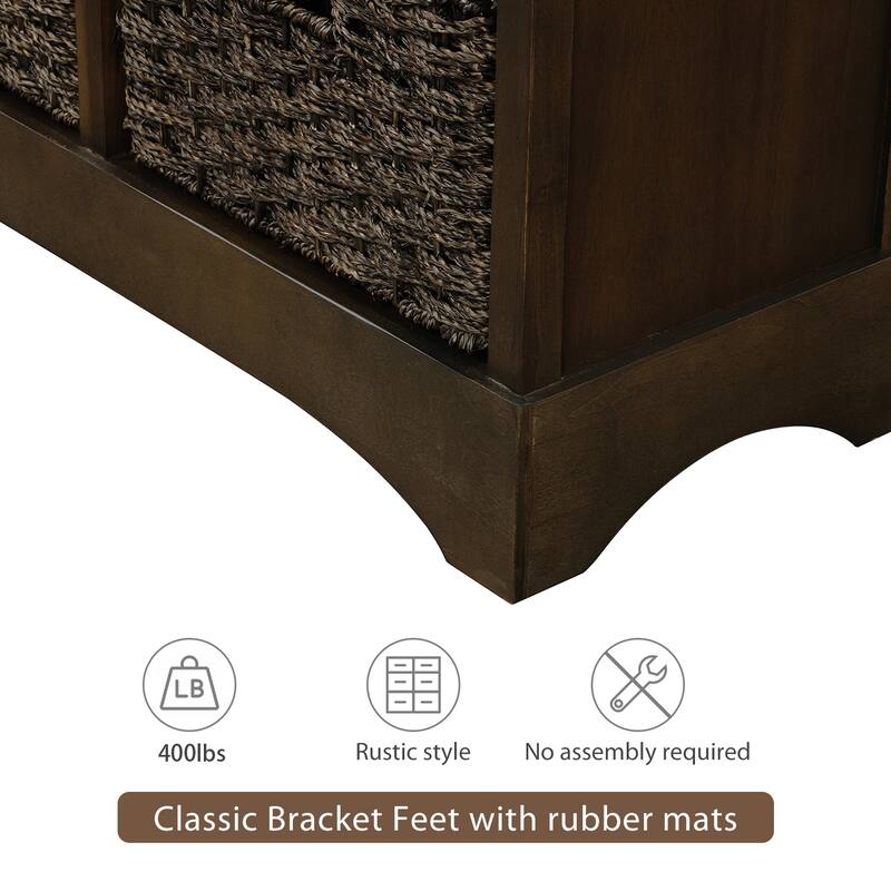 Rustic Storage Cabinet with Two Drawers and Four Classic Rattan Basket for Dining Room/Entryway/Living Room