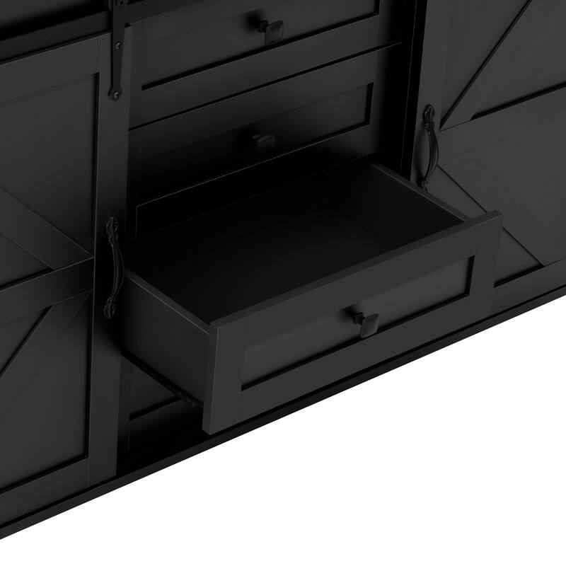 Wood Buffet Sideboard with Charging Station, Farmhouse Coffee Bar Cabinet with Sliding Barn Doors and 4 Drawers