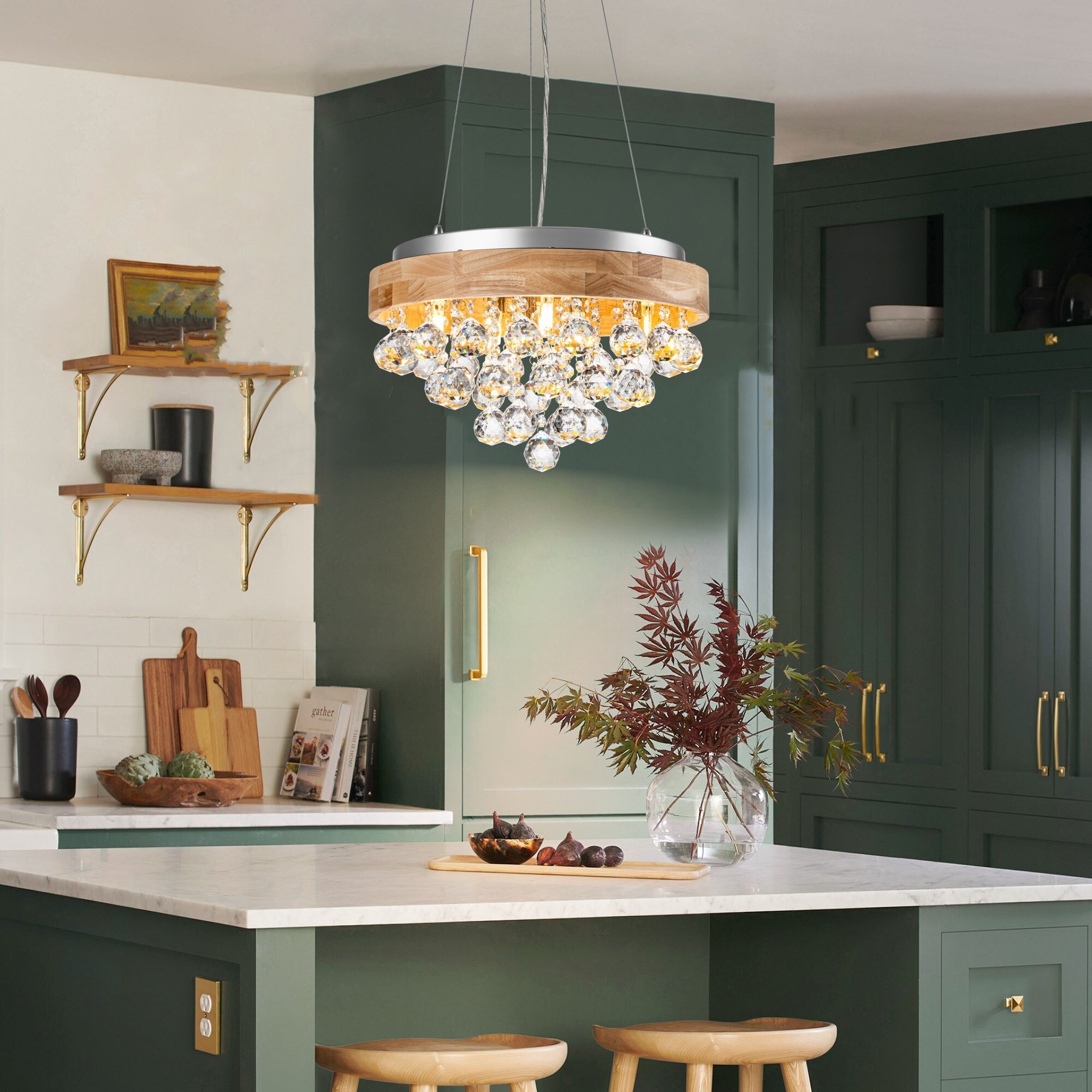 9 Light Mid Century Modern Drum Wood Cluster Crystal Chandelier for Living Dining Room Chrome