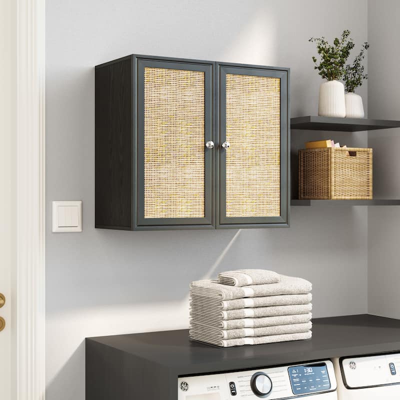 Rattan Wall Cabinets with Adjustable Shelf & LED Light