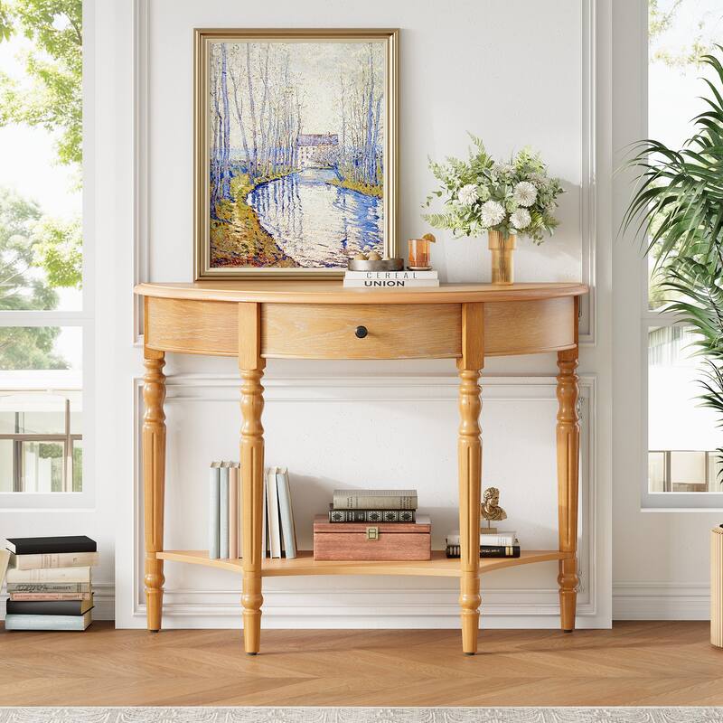 39" Farmhouse Half Moon Console Table with 1 Drawer and Shelf - Natural
