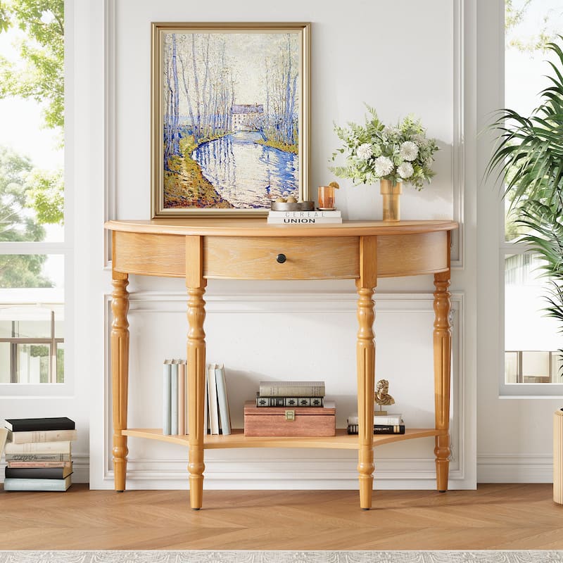 Farmhouse Half Moon Console Table with Drawer & Shelf - Sofa Table in Natural
