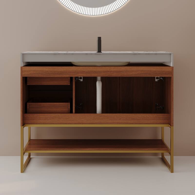 GDFStudio - Luxury 36" Freestanding Sintered Stone Bathroom Vanity with Seamless Ceramic Sink, Open Storage & Soft-Close Drawers