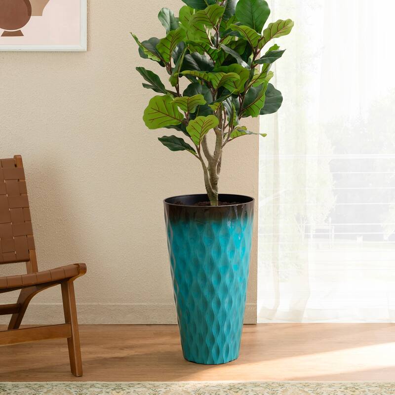 Glitzhome 23.75"H Set of 2 Oversized Wavy Texture Cobalt Blue/Turquoise/Red Tall Plastic Planter