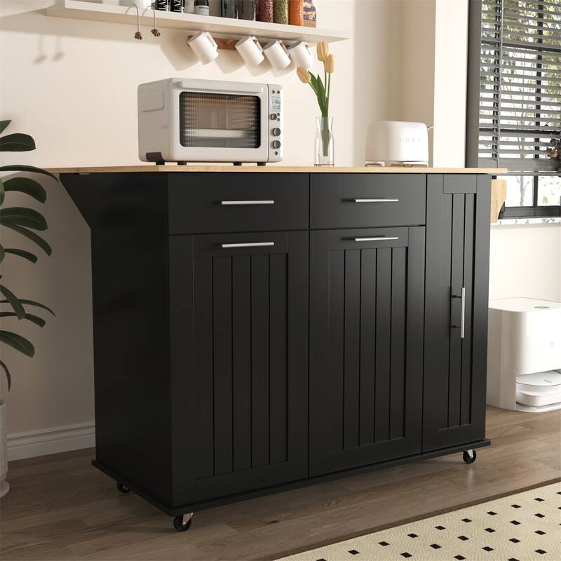 Kitchen Island with Drop Leaf and 3 Tier Pull Out Cabinet Organizer, Rolling Kitchen Cart on Wheels w/ 2 Drawers & Storage Rack