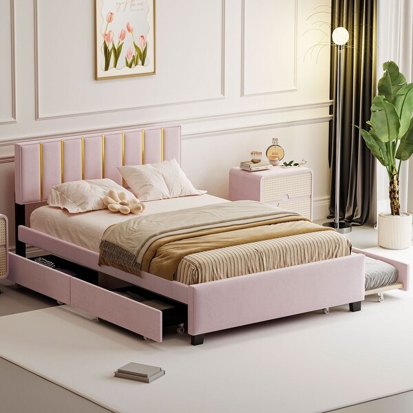 Classic Metal Strip Headboard Design Queen Size Upholstered Platform Bed with 2 Drawers Very Suitable for Bedrooms Pink
