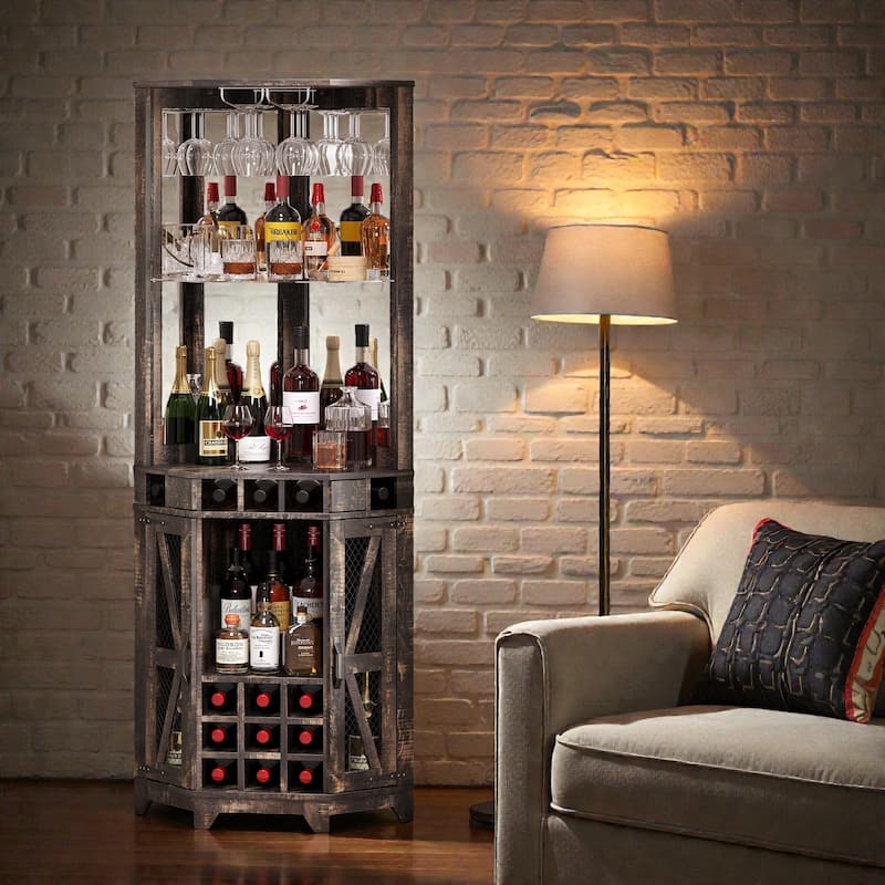 72" Corner Bar Cabinet with Barn Door, Farmhouse Wine Storage Cabinet with Mirror, Glass Rack and Wine Bottle Organizer