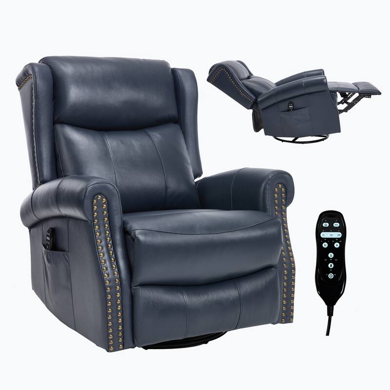 Manual Recliner Chair with Heat & Massage, Genuine Leather Swivel Recliner Chair, Lounge Sofa Chair with Side Pockets