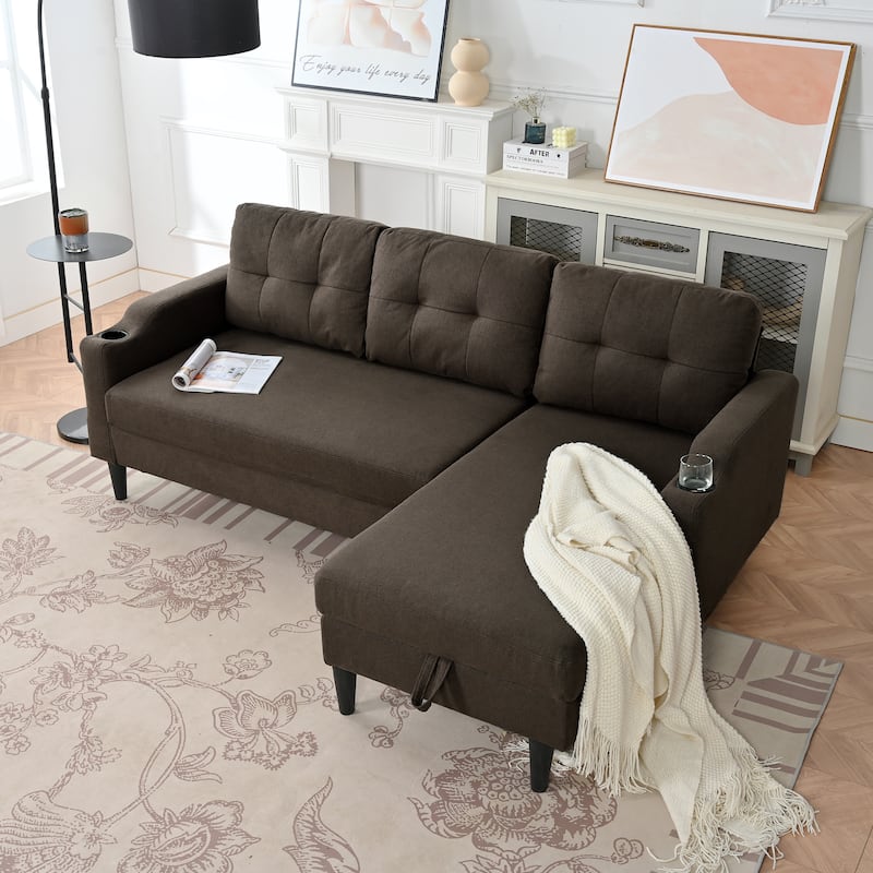 Pull Out Couch, L Shaped Convertible Sleeper Sofa Bed with Hidden Storage, 3-in-1 Upholstered Sectional Sofa with Cup Holder