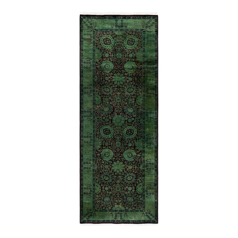 Overton Hand Knotted Wool Vintage Inspired Modern Contemporary Overdyed Green Runner Rug - 3' 3" x 8' 7"