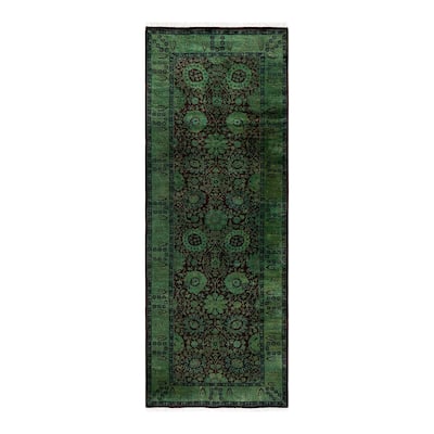 Overton Hand Knotted Wool Vintage Inspired Modern Contemporary Overdyed Green Runner Rug - 3' 3" x 8' 7"