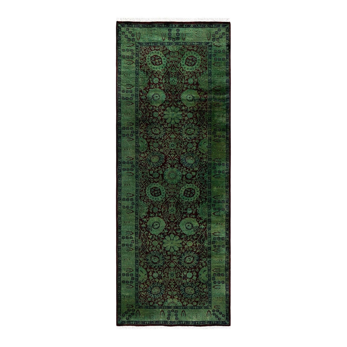 Overton Hand Knotted Wool Vintage Inspired Modern Contemporary Overdyed Green Runner Rug - 3' 3" x 8' 7"