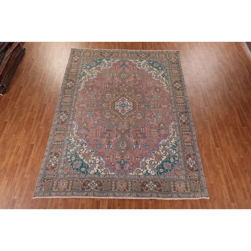 Pink Geometric Tabriz Persian Vintage Rug Hand-Knotted Wool Carpet - 9'7" x 12'10"