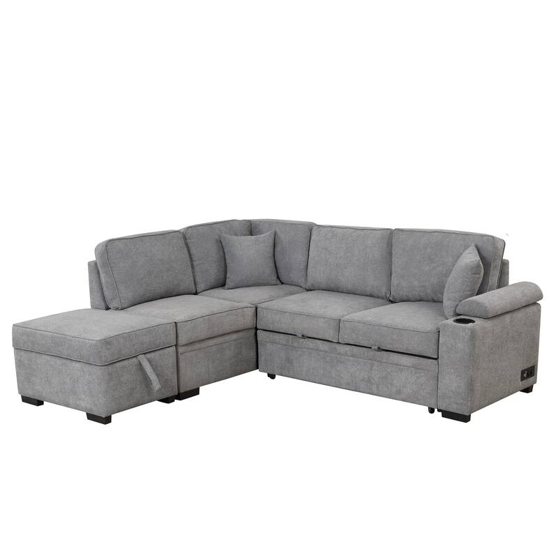 84.75" Linen Convertible L-Shaped Sleeper Sofa with Storage Ottoman
