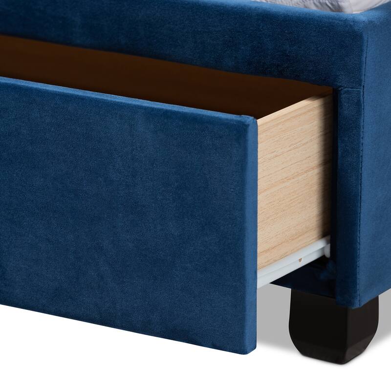 Navy Blue Velvet Queen Bed with Storage Modern Platform Bed Frame, 2 Drawers, Headboard Included