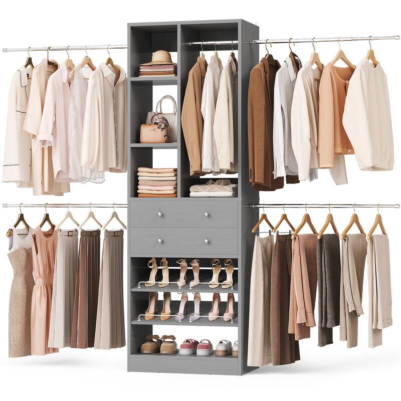 Closet Organizer with 5 Hanging Rods and 2 Drawers, Adjustable Closet System with Shelves and Shoe Rack
