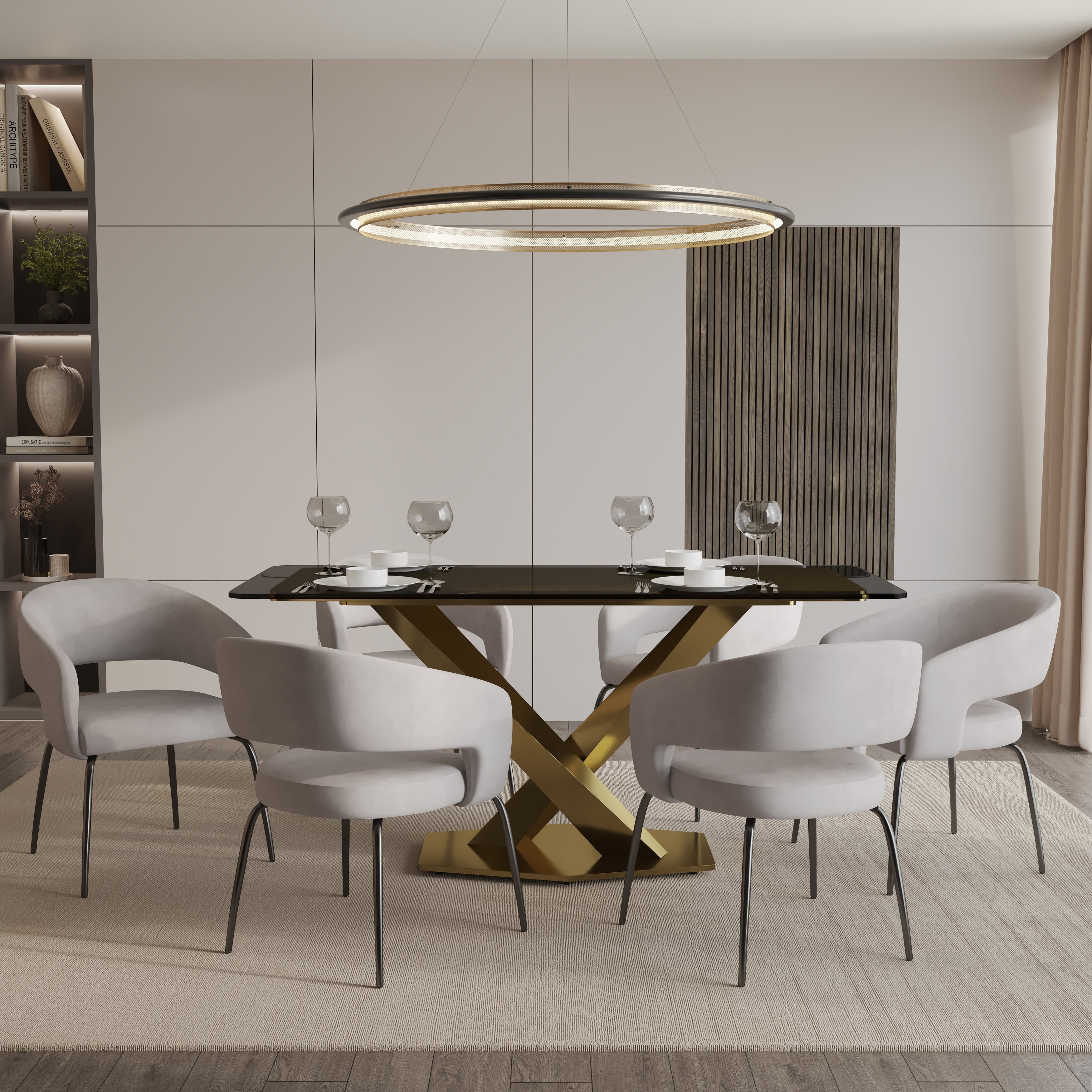 7-Piece Dining Set with 62-Inch Glass Dining Table and 6 Velvet/Leather Accent Arm Chairs