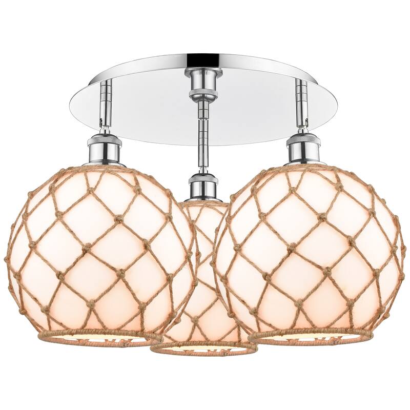 Innovations Lighting Endless Possibilities Ballston - Farmhouse Rope - 3 Light 22" Flush Mount - White Glass with Brown Rope/Polished Chrome