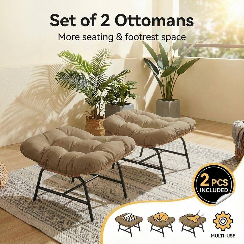 2-Piece Outdoor Wicker Ottomans with Cushions, Weather-Resistant Boho Patio Rattan Footrests for Garden, Porch, and Balcony