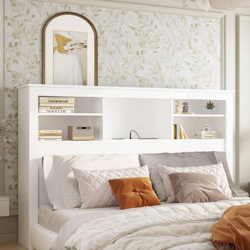 65"Timechee Queen Bookcase Headboard RGB Light Adjustable Shelf