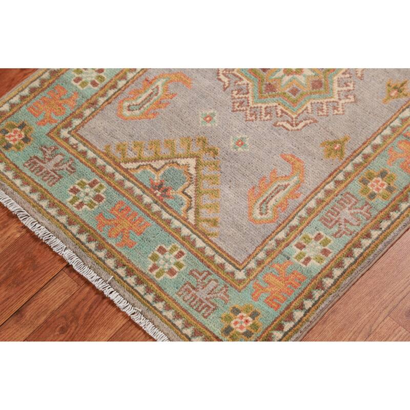 Traditional Kazak Oriental Rug Hand-Knotted Grey Wool Carpet - 2'0"x 3'0"