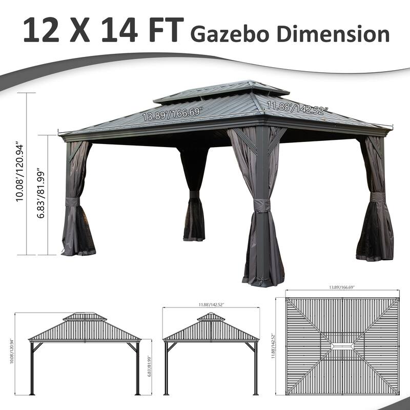 12' X 14' Hardtop Gazebo with Drainage System, Galvanized Steel Roof, Curtain and Netting, Outdoor Shelter for Patio, Garden