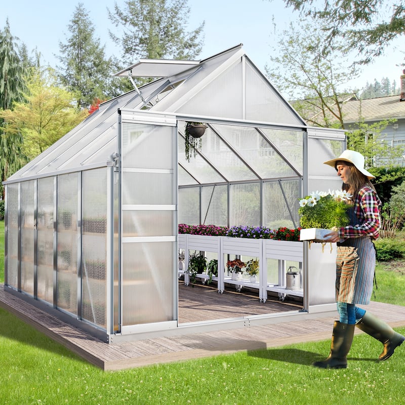 Moasis 6'W X 4/6/8/10/12/16'D Dual-wall PC Walk-in Hobby Greenhouse with Aluminum Frame