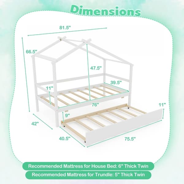 dimension image slide 0 of 2, Kids Twin Size House Bed with Trundle and Roof