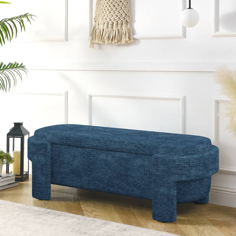Oval Storage Bench Linen Upholstered Entryway Bench Ottoman Bench
