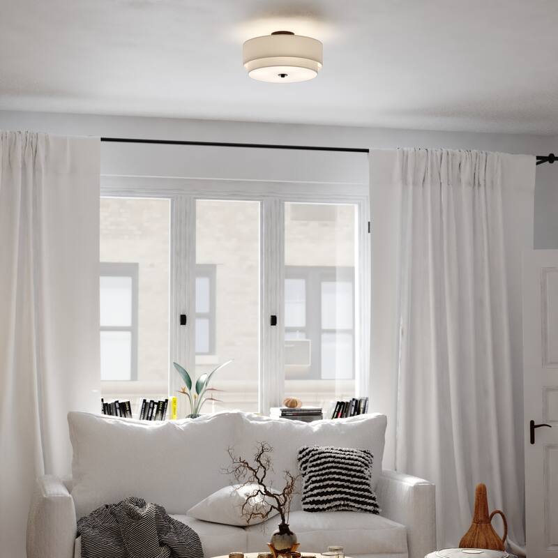Burnaby Mid-Century Modern Ceiling Mount Light White Linen Drum Shade