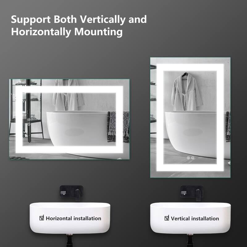 LED Bathroom Vanity Mirror Wall Mounted Anti-Fog Dimmable Mirror with 2 Buttons Vertical & Horizontal Hang