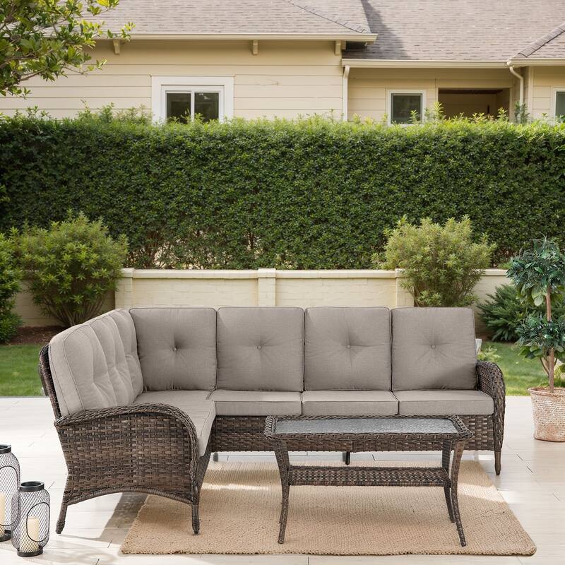 Outdoor Sectional Sofa with Cushion Funiture Set - Brwon Wicker Beige Cushion - 3PCS Sectional Sofa w/ Table