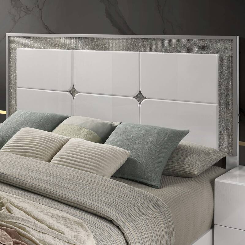 Furniture of America Roon Modern White Wood Panel Bed with LED on Headboard