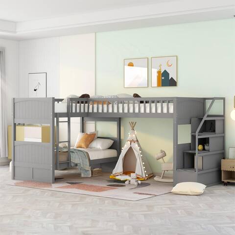 EYIW Twin over Twin L-Shaped Wooden Bunk Bed with Ladder and Storage Stairway
