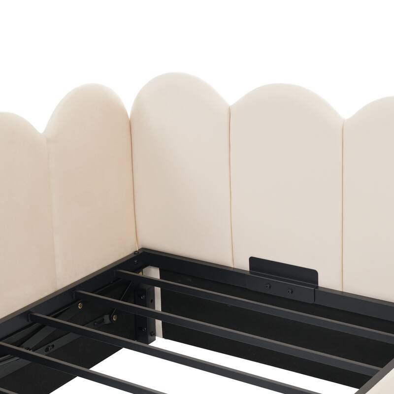 Velvet Upholstered Daybed with Hydraulic Storage, Twin Size Sofa Bed, Metal Slatted Frame, Beige