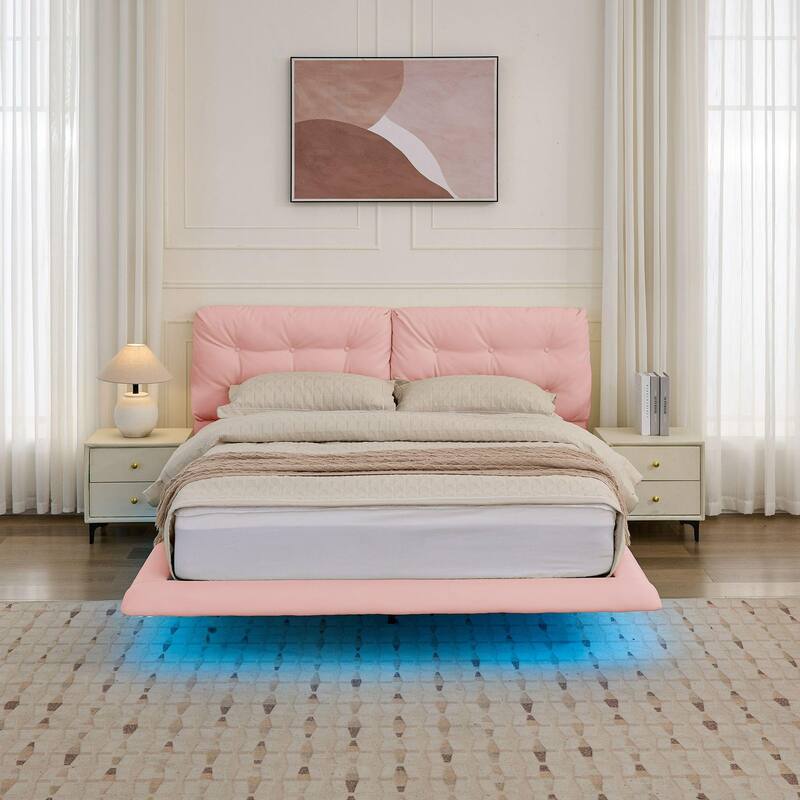 Christopher Knight Home- Lorcan PU Leather Floating Bed Frame with LED Lights and Button-Tufted Headboard