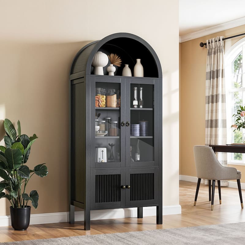 Modern 71" Tall Arched Kitchen Pantry Cabinet with LED Light,Bookcase Cabinet with Storage and Glass Doors - Black