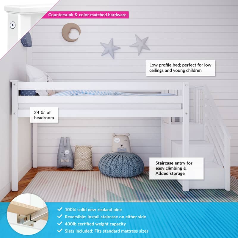 Max and Lily Twin Size Low Loft with Stairs
