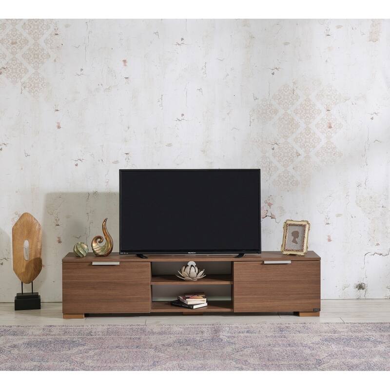 FurnisHome Store Luxia Mid Century Modern Tv Stand 2 Sliding Door Cabinet 2 Shelves 67 inch Tv Uni, White
