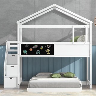 Elegant and Playful Style, House Bunk Bed with Storage Staircase and Blackboard and Solid Construction