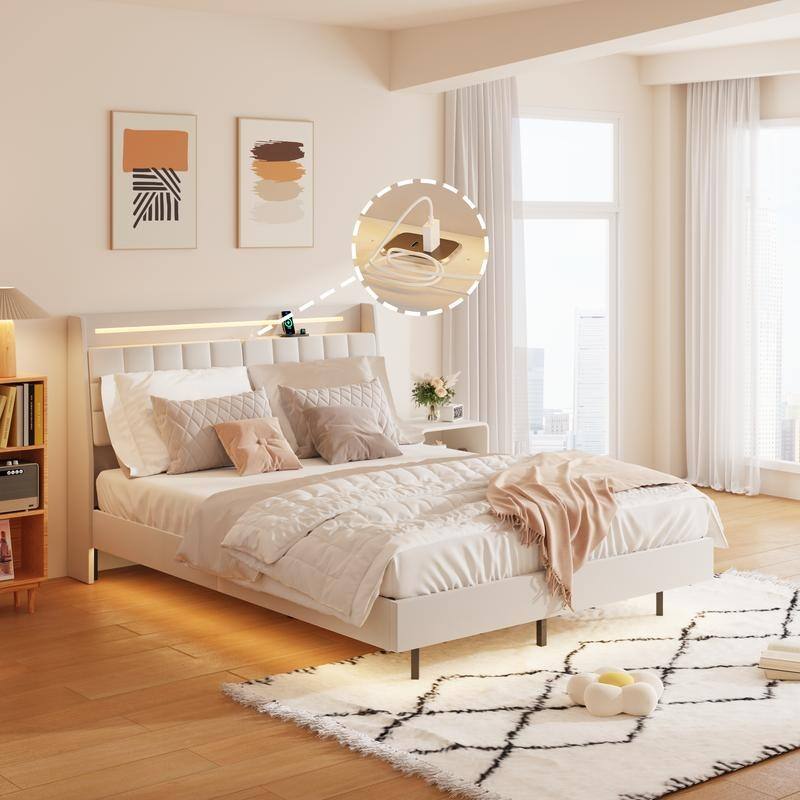 Full Size Floating Upholstered Platform Bed with LED Light and Charging Station