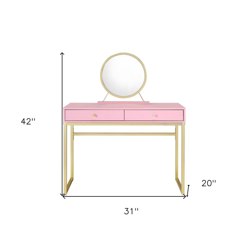 Pink Mirrored Wood Dresser with 2 Drawers and Gold Finish and Modern Vanity - 31” L x 20” W x 42” H