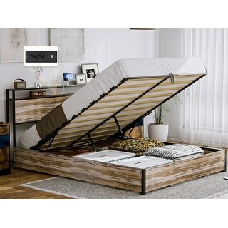 Queen Size Lift Up Storage Bed with Charging Station, Metal Frame ...